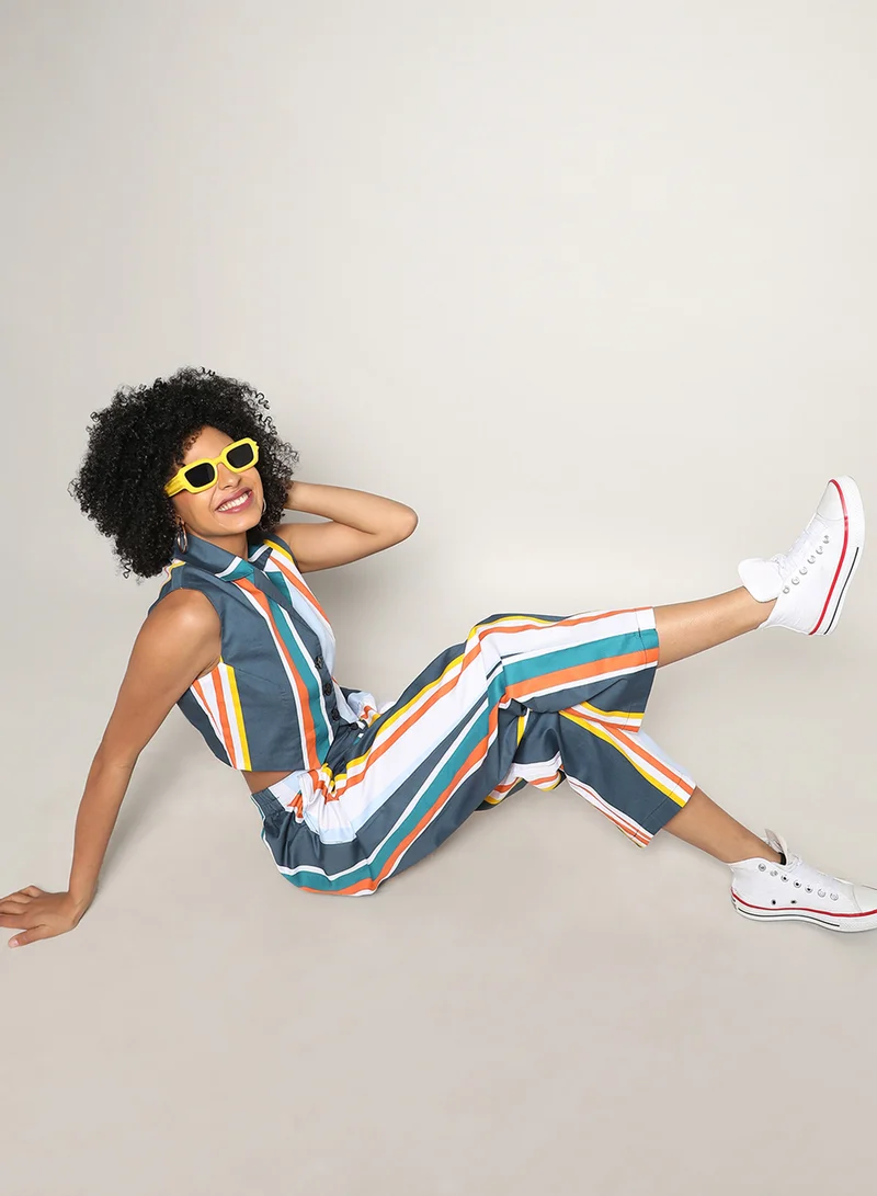 كامبوس سوترا Women's Multicolour Striped Vest Co-Ord Set For Casual Wear | Lapel Collar | No Sleeves | Button Closure | Co-Ords Crafted With Comfort Fit For Everyday Wear